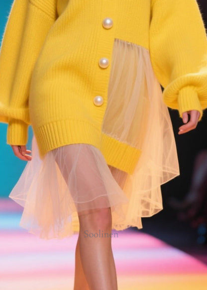 Bohemian Yellow Pearl Patchwork Tulle Sweater Dress Winter