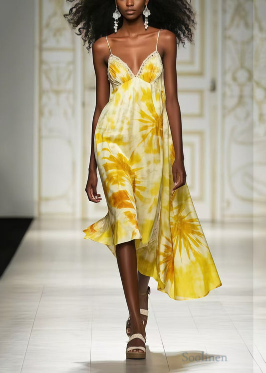 Bohemian Yellow Print Chiffon Cami Dresses Summer