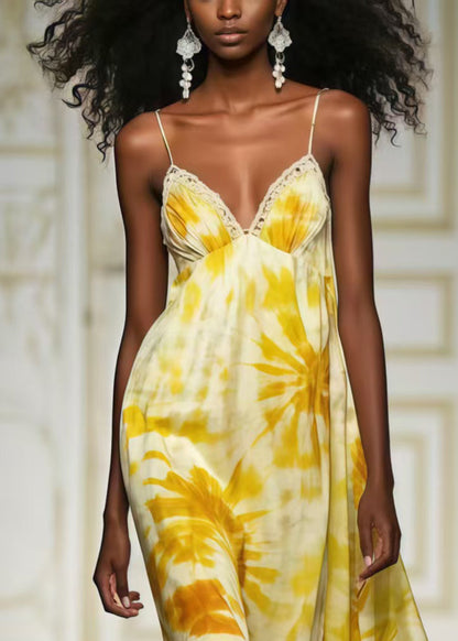 Bohemian Yellow Print Chiffon Cami Dresses Summer