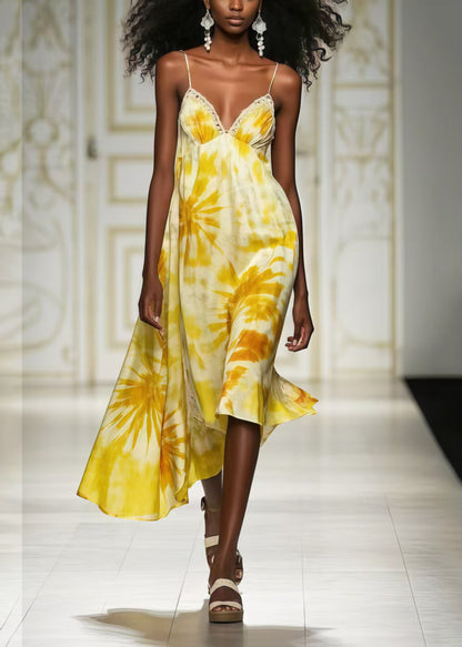 Bohemian Yellow Print Chiffon Cami Dresses Summer