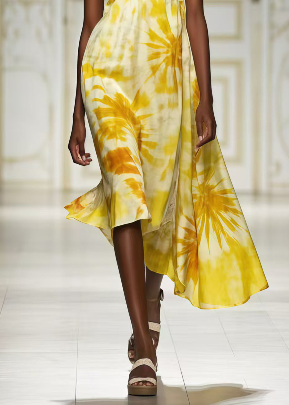 Bohemian Yellow Print Chiffon Cami Dresses Summer