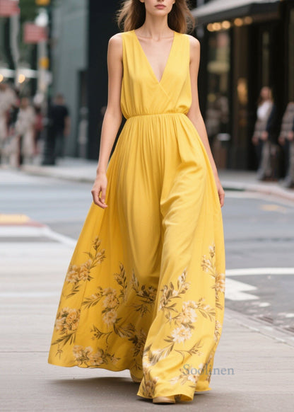 Bohemian Yellow Print Draping Chiffon Sundress Summer
