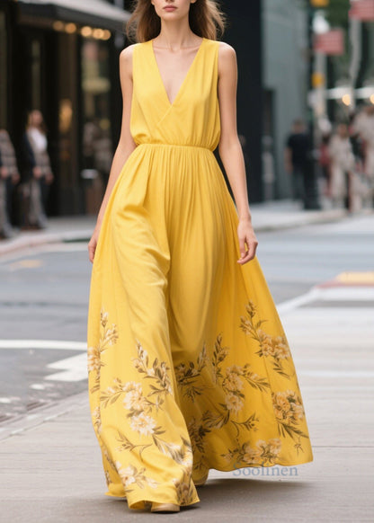 Bohemian Yellow Print Draping Chiffon Sundress Summer