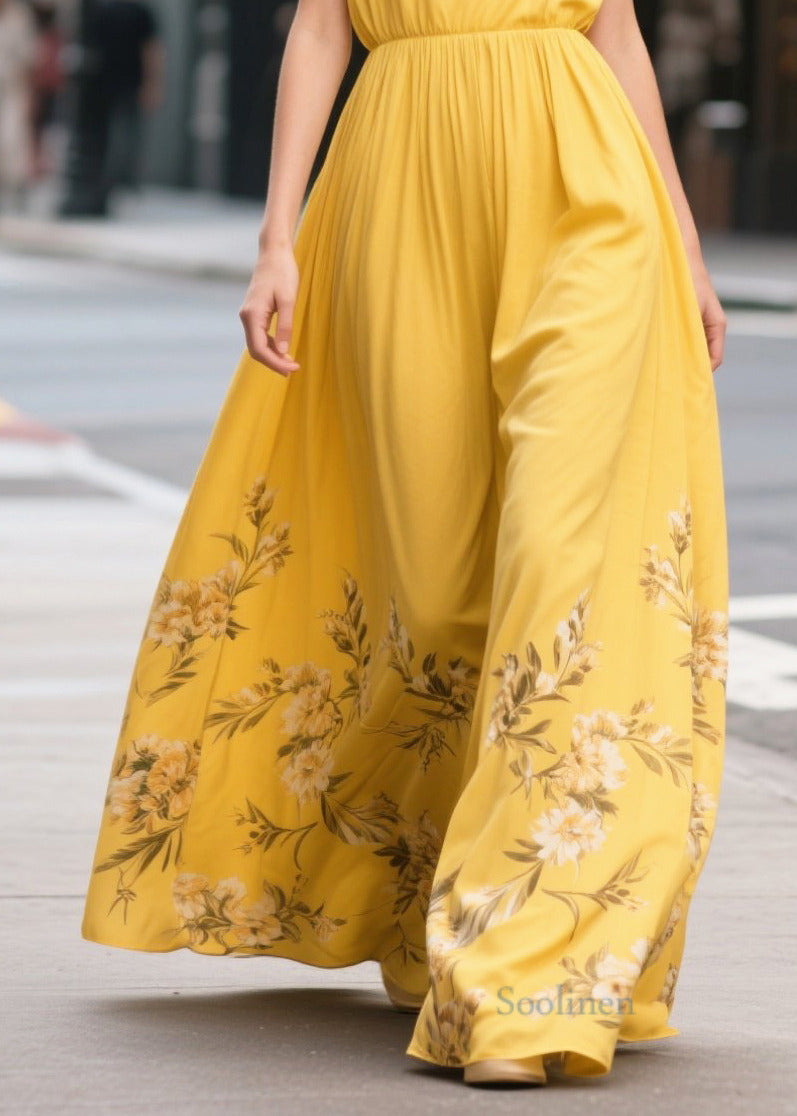 Bohemian Yellow Print Draping Chiffon Sundress Summer