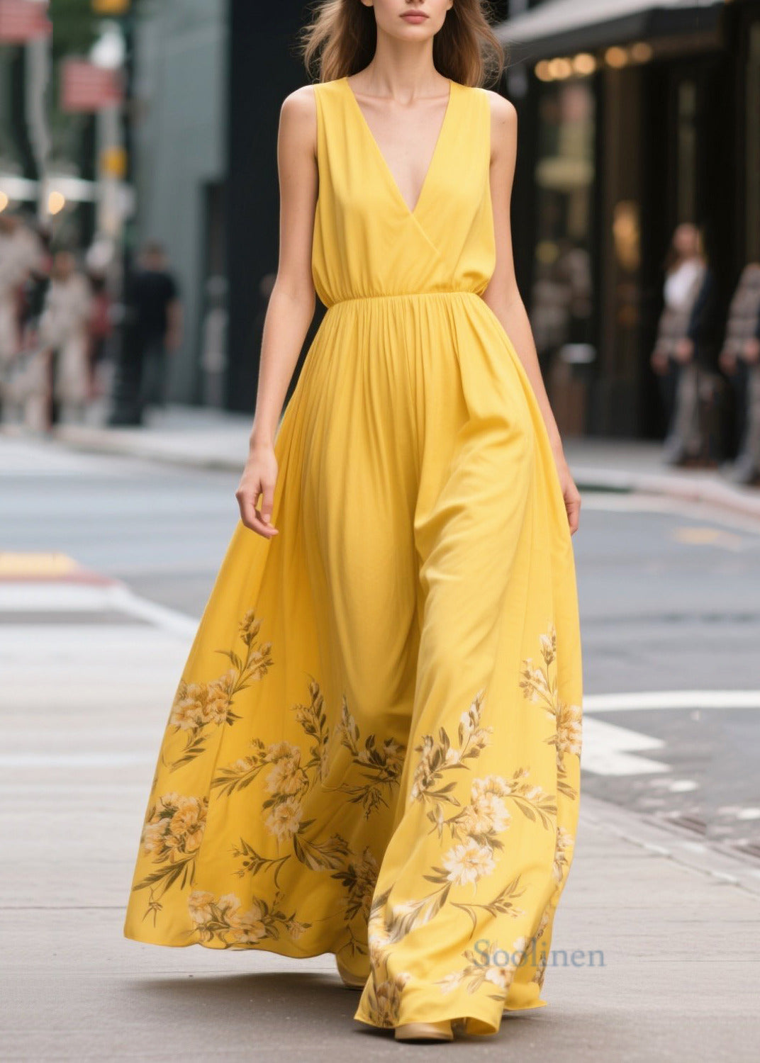 Bohemian Yellow Print Draping Chiffon Sundress Summer