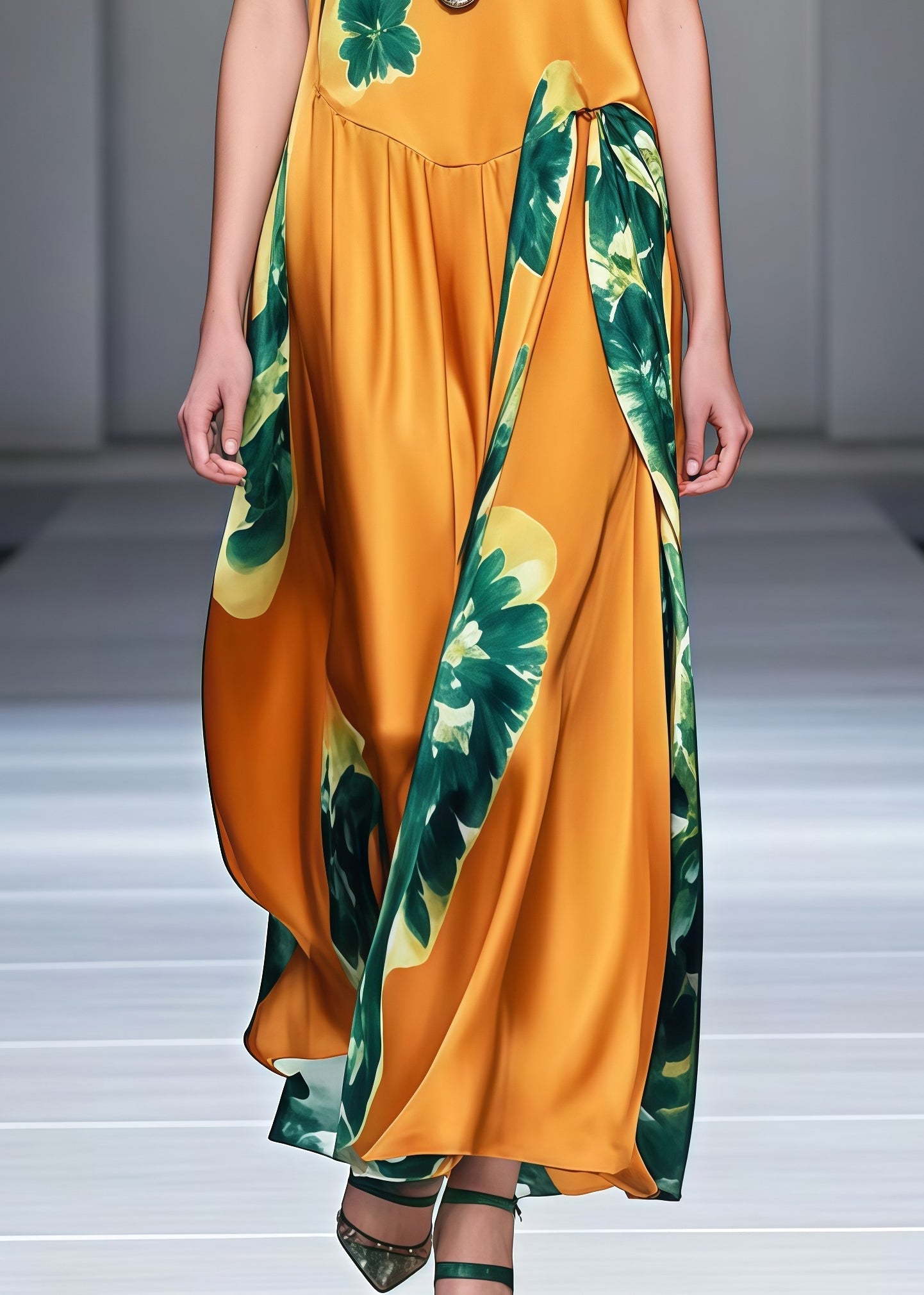 Bohemian Yellow Print Draping Silk Maxi Dresses Sleeveless