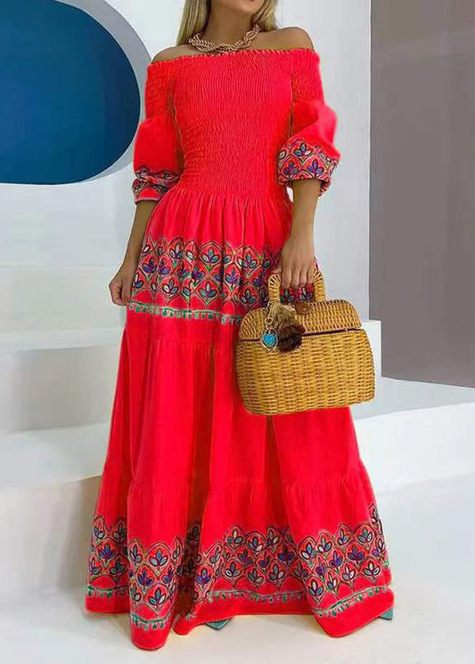 Bohemian Yellow Slash Neck Print Cotton Maxi Dresses Summer