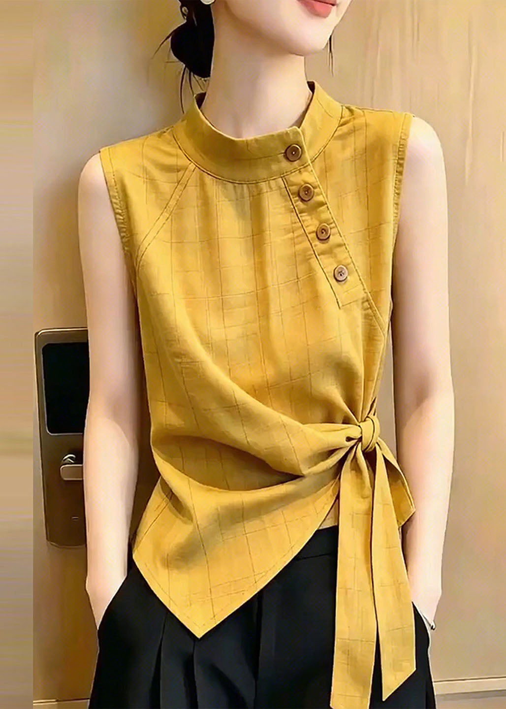 Bohemian Yellow Stand Collar Asymmetrical Design Vest Top Sleeveless