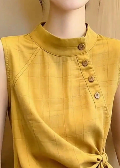 Bohemian Yellow Stand Collar Asymmetrical Design Vest Top Sleeveless