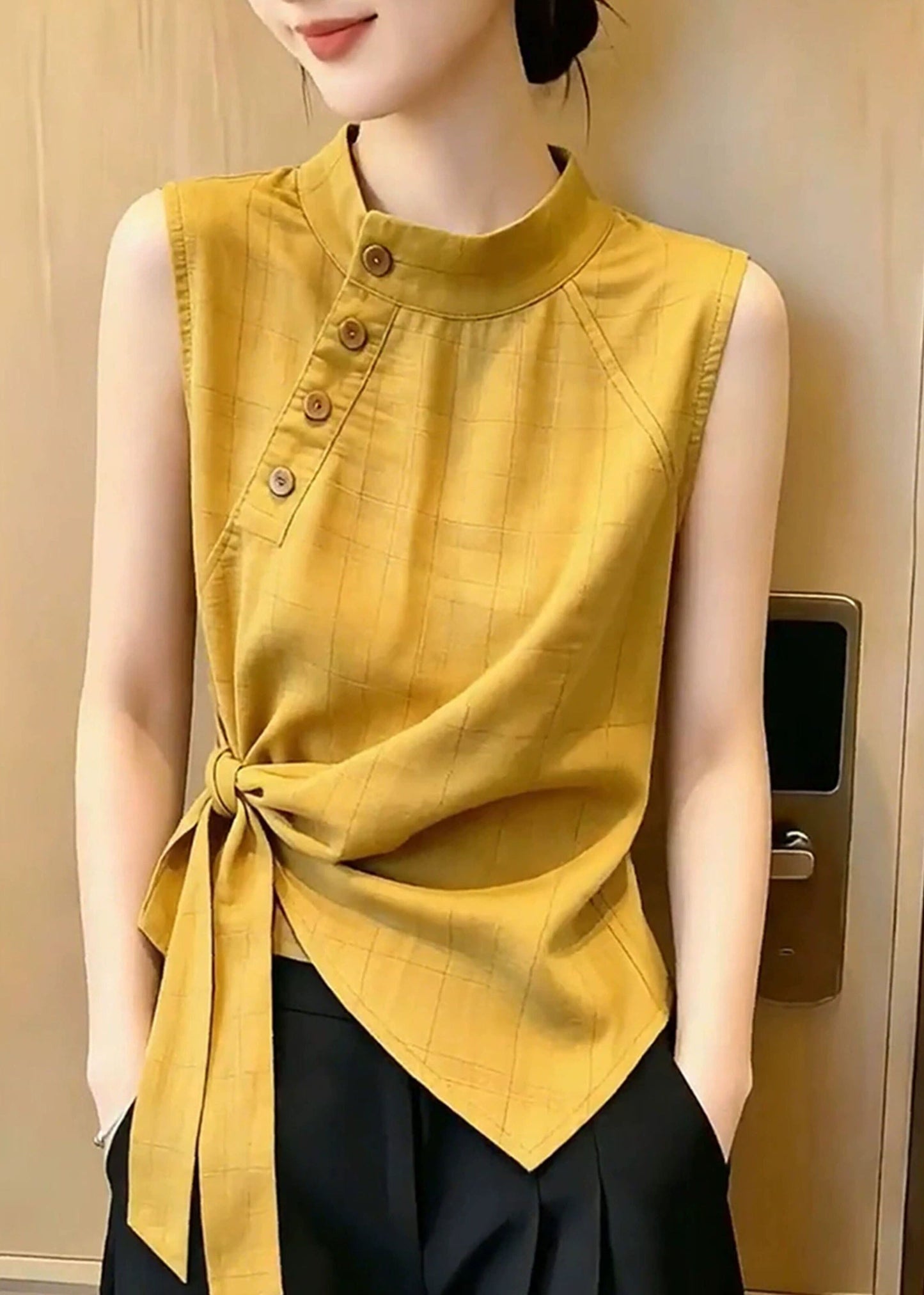 Bohemian Yellow Stand Collar Asymmetrical Design Vest Top Sleeveless