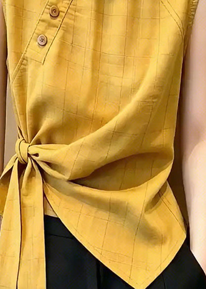 Bohemian Yellow Stand Collar Asymmetrical Design Vest Top Sleeveless