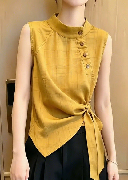 Bohemian Yellow Stand Collar Asymmetrical Design Vest Top Sleeveless