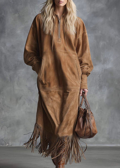 Bohemian Yellow Tassel Faux Suede Maxi Dress Spring