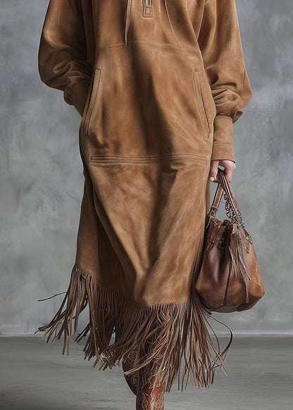 Bohemian Yellow Tassel Faux Suede Maxi Dress Spring