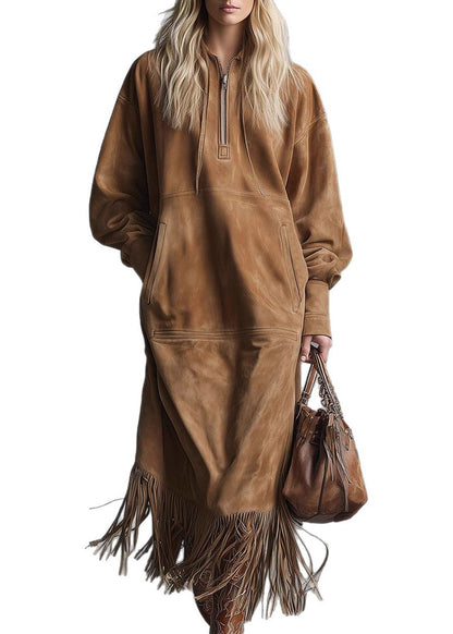 Bohemian Yellow Tassel Faux Suede Maxi Dress Spring