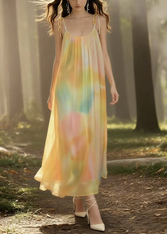 Bohemian Yellow Tie Dye Backless Chiffon Spaghetti Strap Dress Sleeveless