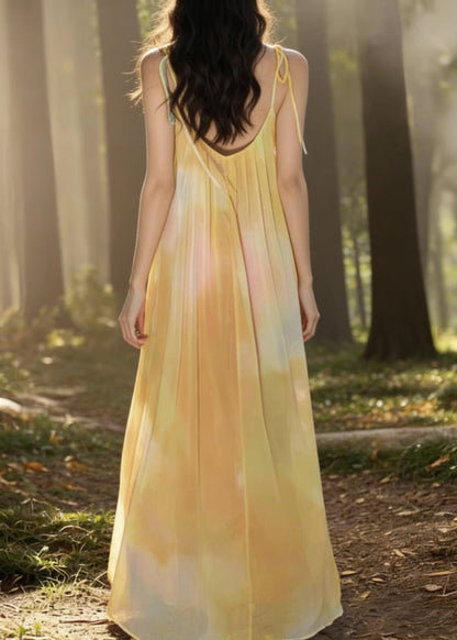 Bohemian Yellow Tie Dye Backless Chiffon Spaghetti Strap Dress Sleeveless