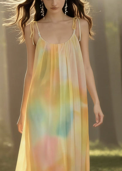 Bohemian Yellow Tie Dye Backless Chiffon Spaghetti Strap Dress Sleeveless