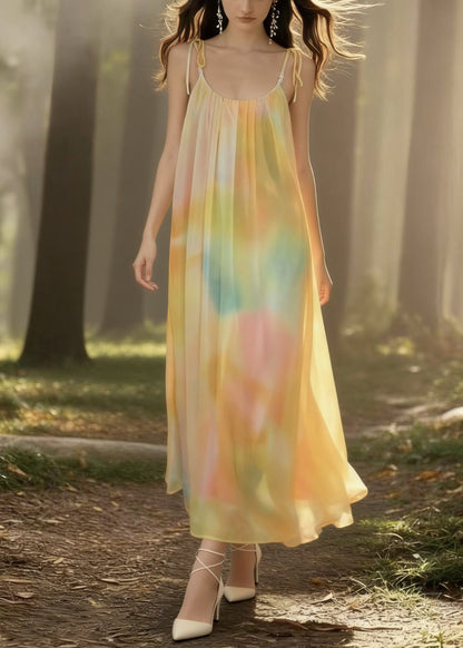 Bohemian Yellow Tie Dye Backless Chiffon Spaghetti Strap Dress Sleeveless