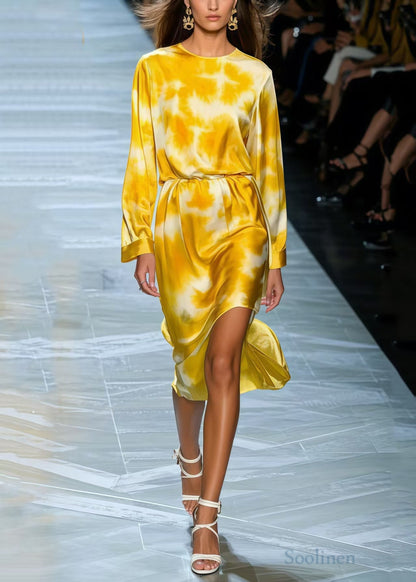 Bohemian Yellow Tie Dye Silk Day Dress Spring