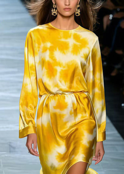 Bohemian Yellow Tie Dye Silk Day Dress Spring
