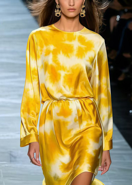 Bohemian Yellow Tie Dye Silk Day Dress Spring