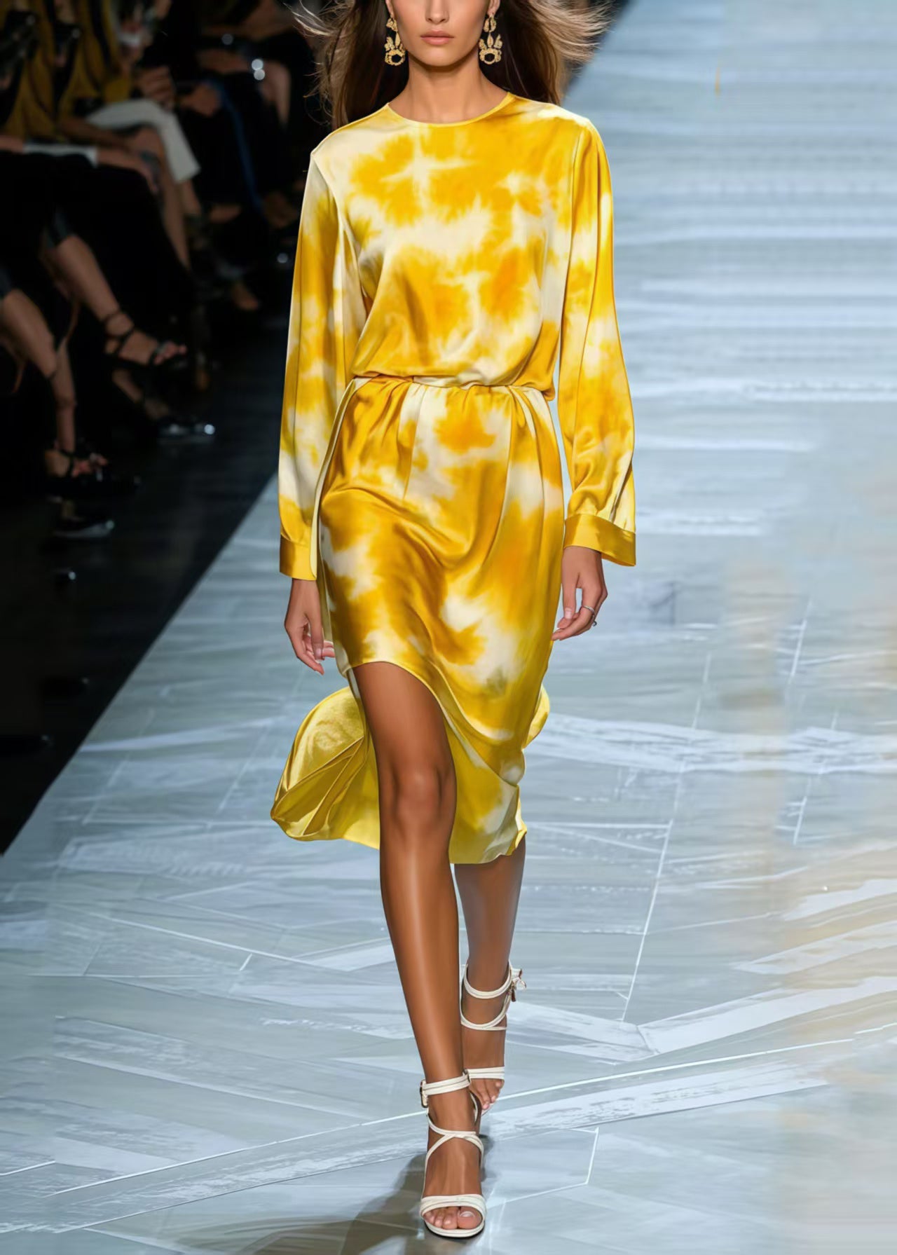 Bohemian Yellow Tie Dye Silk Day Dress Spring