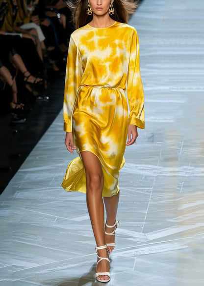 Bohemian Yellow Tie Dye Silk Day Dress Spring