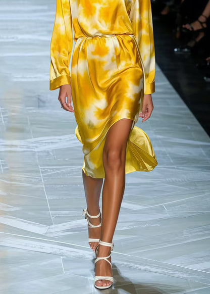 Bohemian Yellow Tie Dye Silk Day Dress Spring