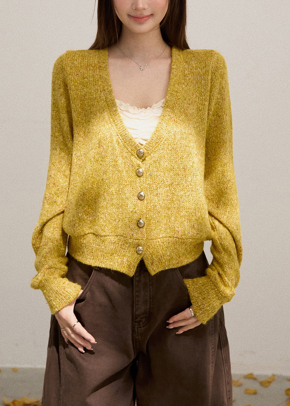 Bohemian Yellow V Neck Button Down Knit Cardigans Fall