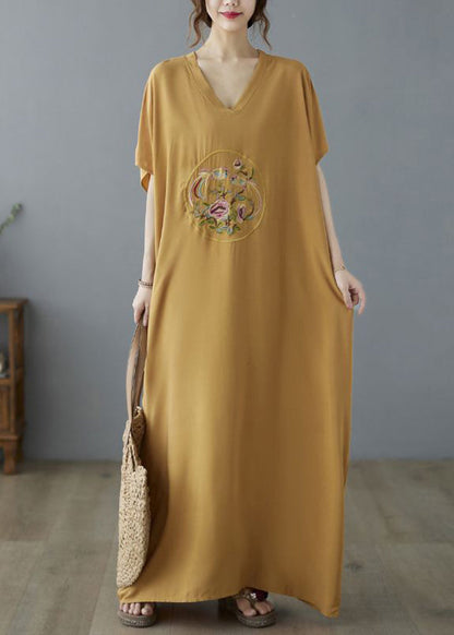 Bohemian Yellow V Neck Embroideried Cotton Long Dresses Summer