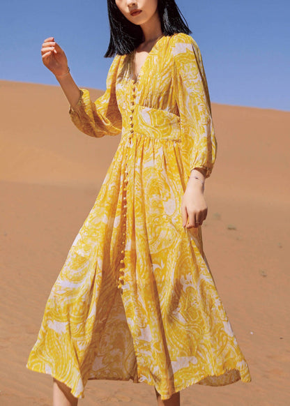 Bohemian Yellow V Neck Print Chiffon Long Dresses Fall