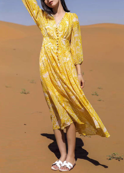 Bohemian Yellow V Neck Print Chiffon Long Dresses Fall