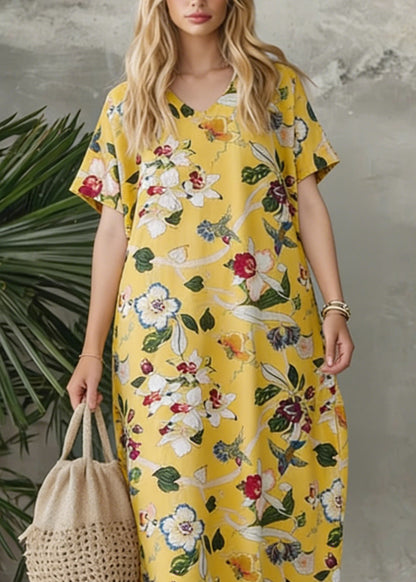 Bohemian Yellow V Neck Print Loose Cotton Dress Summer