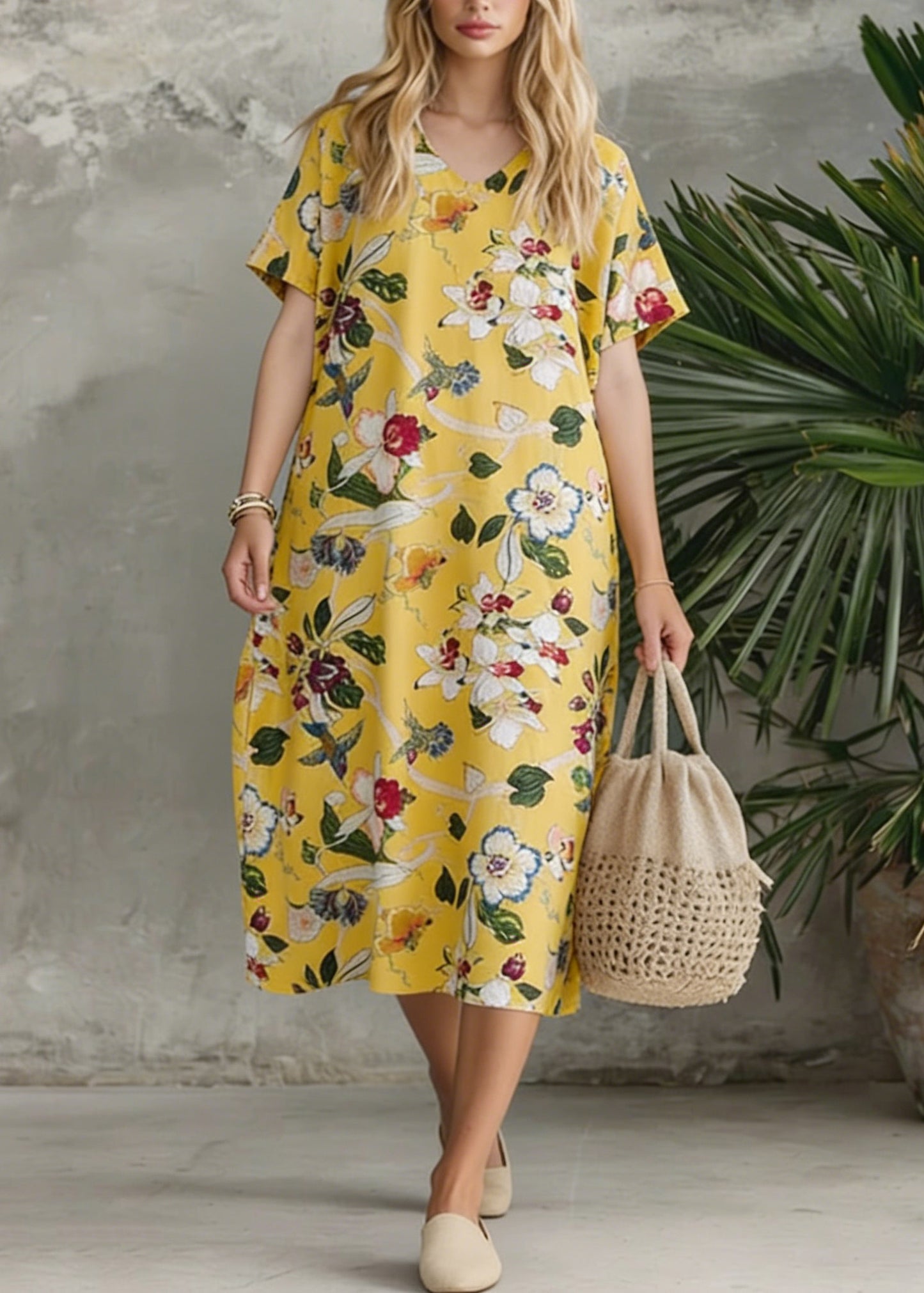 Bohemian Yellow V Neck Print Loose Cotton Dress Summer