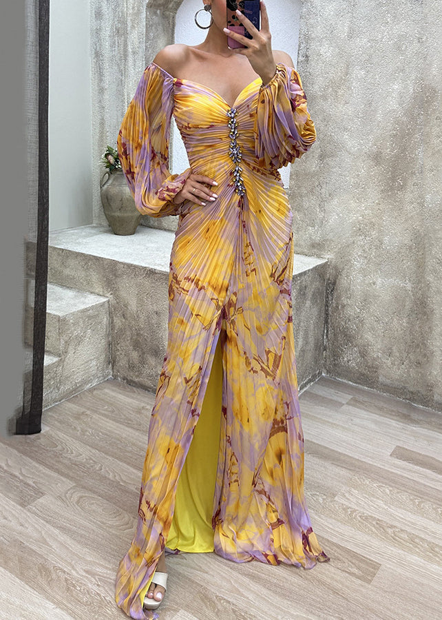 Bohemian Yellow Wrinkled Side Open Ankle Dress Spring