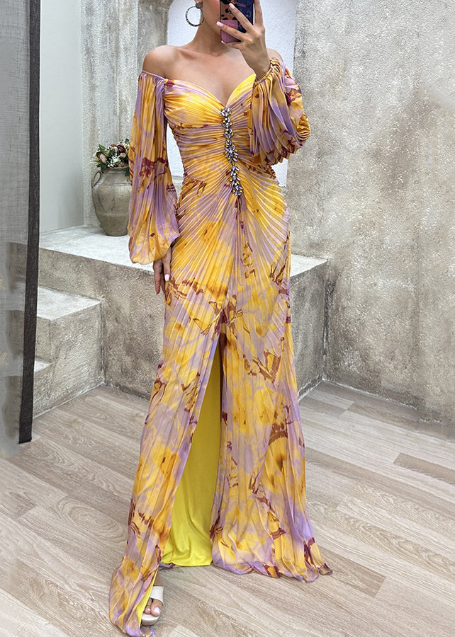 Bohemian Yellow Wrinkled Side Open Ankle Dress Spring