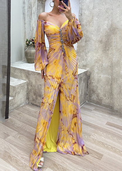 Bohemian Yellow Wrinkled Side Open Ankle Dress Spring