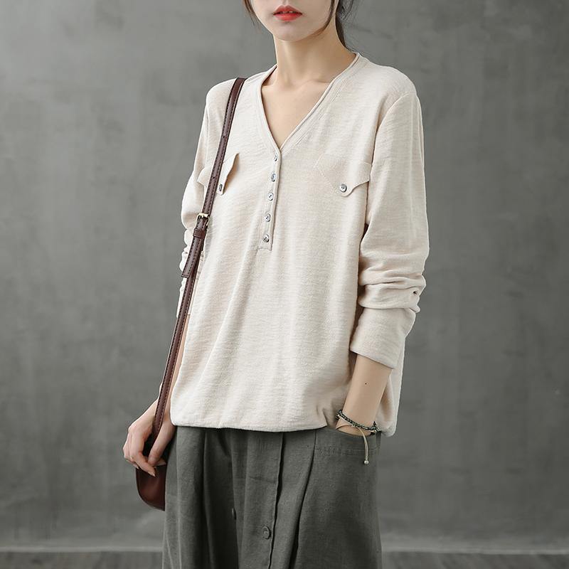 Bohemian beige Blouse v neck Button Down Plus Size Clothing top - SooLinen