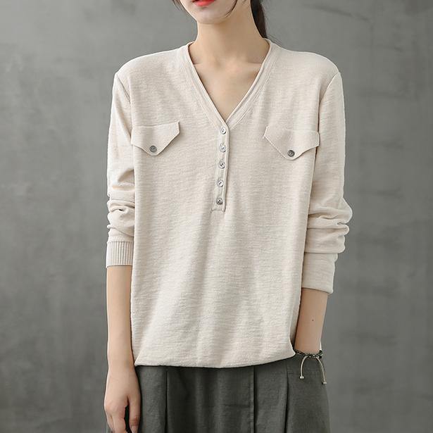 Bohemian beige Blouse v neck Button Down Plus Size Clothing top - SooLinen