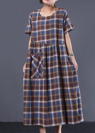 Bohemian big hem cotton tunic dress Catwalk blue plaid long Dresses summer - SooLinen