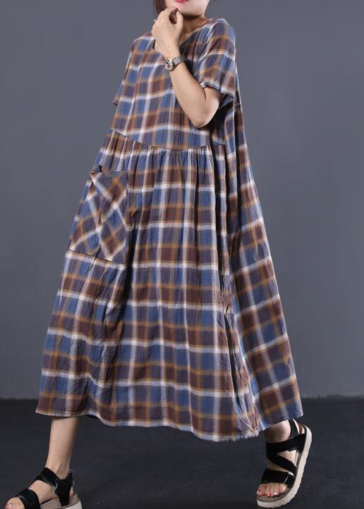 Bohemian big hem cotton tunic dress Catwalk blue plaid long Dresses summer - SooLinen
