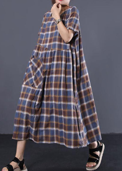 Bohemian big hem cotton tunic dress Catwalk blue plaid long Dresses summer - SooLinen