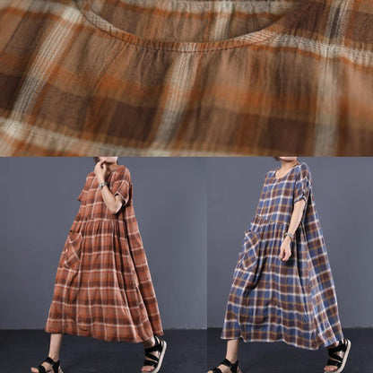 Bohemian big hem cotton tunic dress Catwalk blue plaid long Dresses summer - SooLinen
