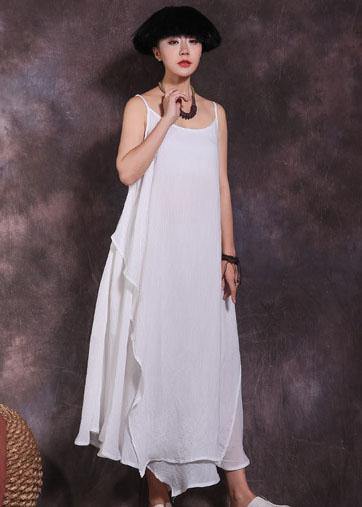 Bohemian big hem linen clothes Runway white sleeveless Dresses summer - SooLinen