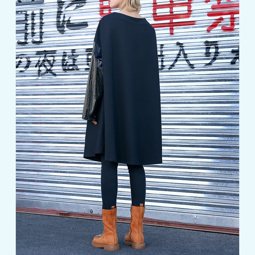 Bohemian black Cotton baggy dress Fun Neckline patchwork short Dresses