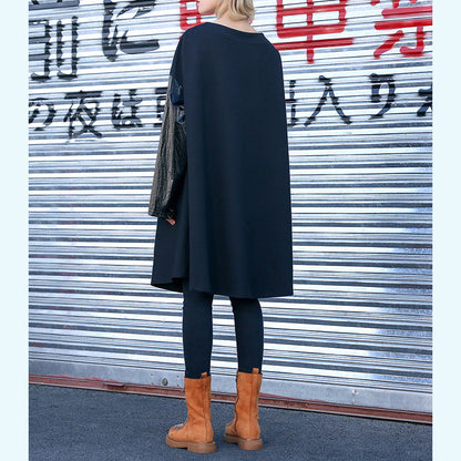 Bohemian black Cotton baggy dress Fun Neckline patchwork short Dresses