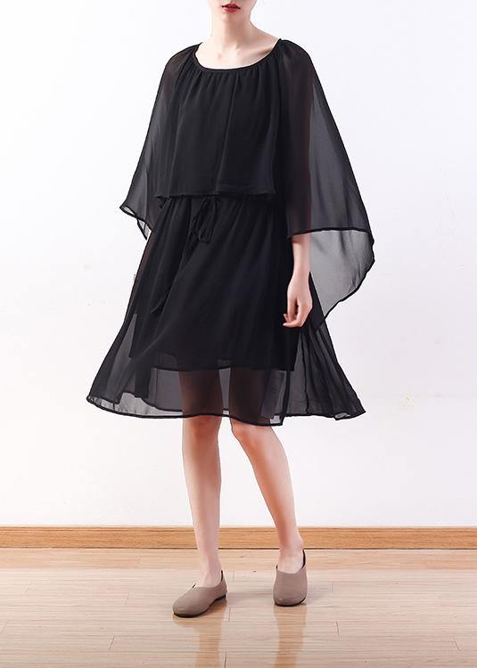 Bohemian black chiffon Long Shirts Indian Shirts tie waist long summer Dresses - SooLinen