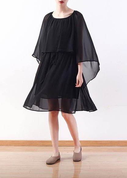 Bohemian black chiffon Long Shirts Indian Shirts tie waist long summer Dresses - SooLinen