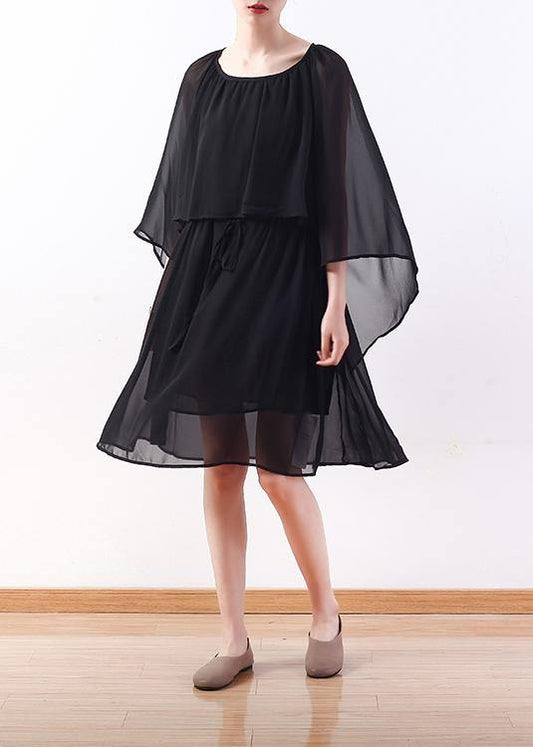 Bohemian black chiffon Long Shirts Indian Shirts tie waist long summer Dresses - SooLinen